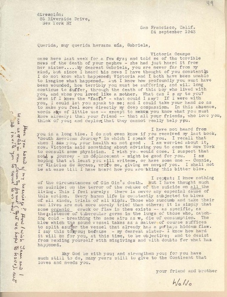 [Carta] 1943 Sept. 24, [California], [EE.UU.] [a] Gabriela [Mistral]