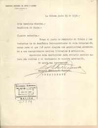 [Carta] 1939 jun. 23, La Habana, [Cuba] [a] Gabriela Mistral, República de Chile
