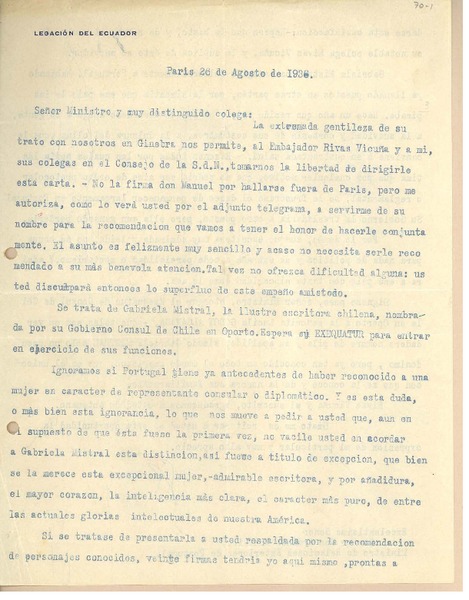 [Carta] 1936 ago. 26, Paris, [Francia] [al] Excelentisimo Señor Doctor Don Armindo Monteiro, Ministro de Relaciones Exteriores de Portugal