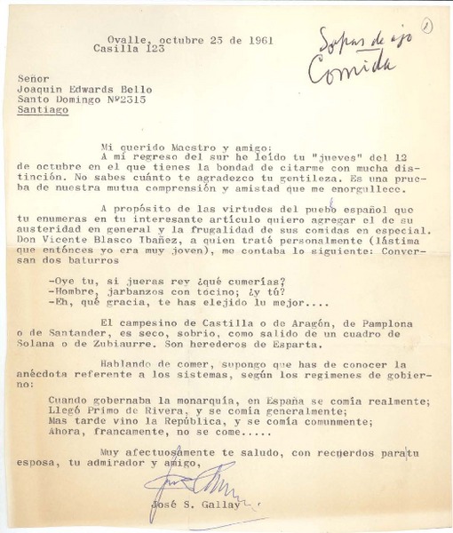 [Carta] 1961 oct. 25 Ovalle, Chile [a] Joaquín Edwards Bello