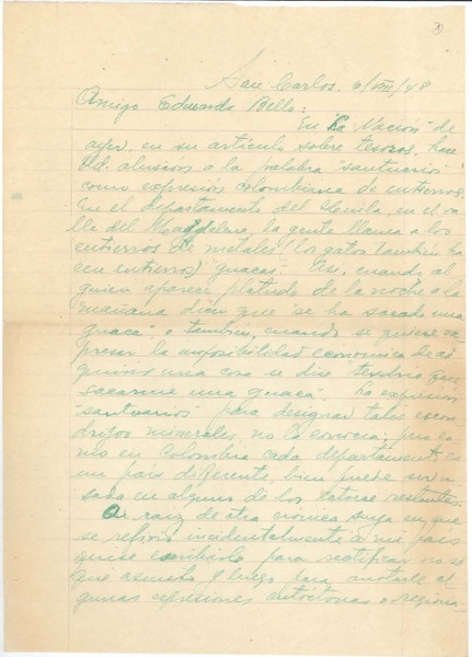[Carta] 1948 ago 6, San Carlos, Colombia [a] Joaquín Edwards Bello