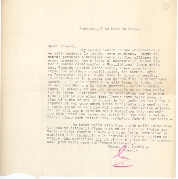 [Carta] 27 may. 1946, Santiago, Chile [a] Joaquín Edwards Bello