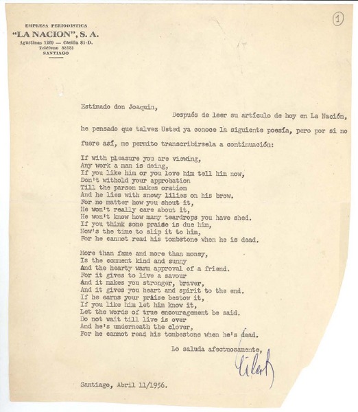 [Carta] 1956 abr. 11, Santiago, Chile [a] Joaquín Edwards Bello