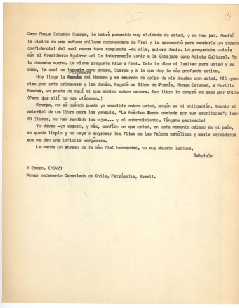 [Cartas entre 1942 y 1947] Petrópolis, Brasil [a] Roque Esteban Scarpa