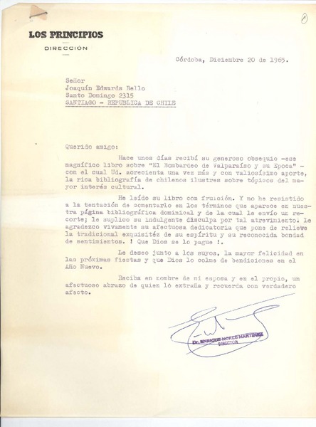 [Carta] 1965 dic. 20, Córdoba, Argentina [a] Joaquín Edwards Bello
