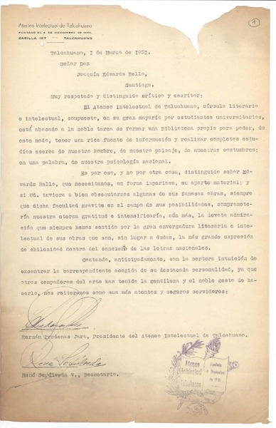 [Carta] 1951 ago. 1, Talcahuano, Chile [a] Joaquín Edwards Bello