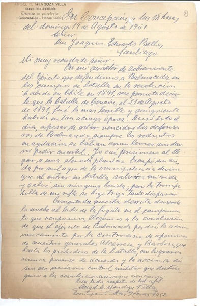 [Carta] 1951 ago. 19, Concepción, Chile [a] Joaquín Edwards Bello