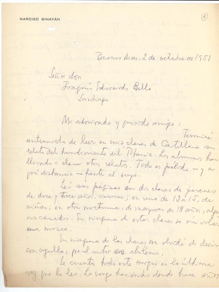 [Carta] 1951 oct. 2, Buenos Aires, Argentina [a] Joaquín Edwards Bello