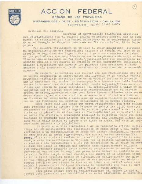 [Carta] 1957 ago. 1, Santiago, Chile [a] Joaquín Edwards Bello