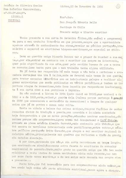 [Carta] 1956 nov. 13, Lisboa, Portugal [a] Joaquín Edwards Bello