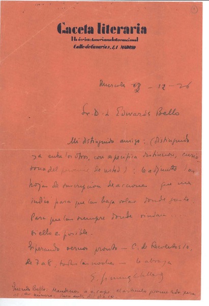 [Carta] 1926 dic. 26 Madrid, España [a] Joaquín Edwards Bello