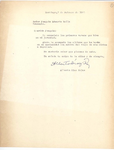 [Carta] 1961 feb. 3, Santiago, Chile [a] Joaquín Edwards Bello