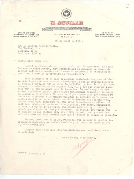 [Carta] 1948 abr. 22, Madrid, España [a] Joaquín Edwards Bello, Santiago, Chile