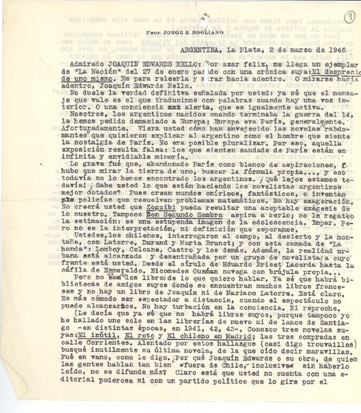 [Carta] 1946 mar. 2, La Plata, Argentina [a] Joaquín Edwards Bello