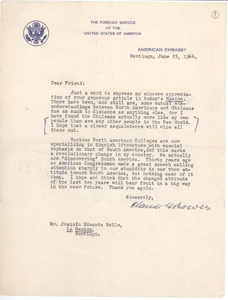 [Carta] 1944 jun. 23, Santiago, Chile [a] Joaquín Edwards Bello