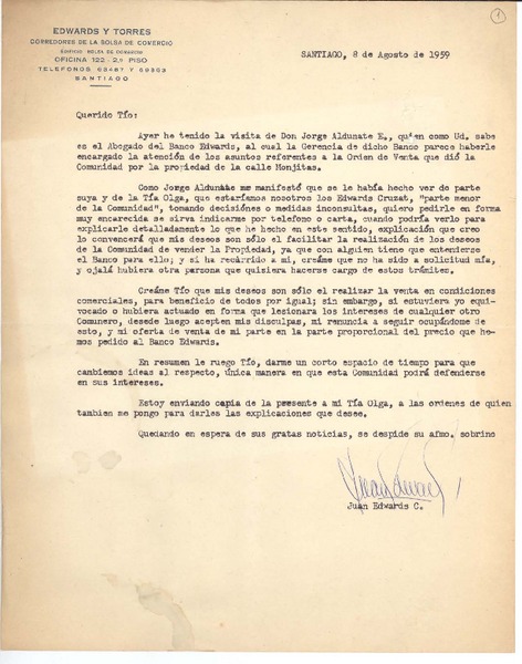 [Carta] 1959 ago. 8, Santiago, Chile [a] Joaquín Edwards Bello