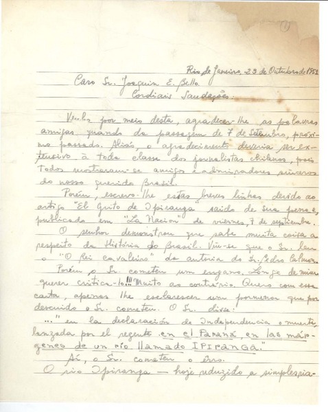 [Carta] 1951 oct. 23, Río de Janeiro, Brasil [a] Joaquín Edwards Bello