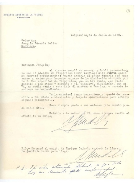 [Carta] 1958 jun. 24, Valparaíso, Chile [a] Joaquín Edwards Bello