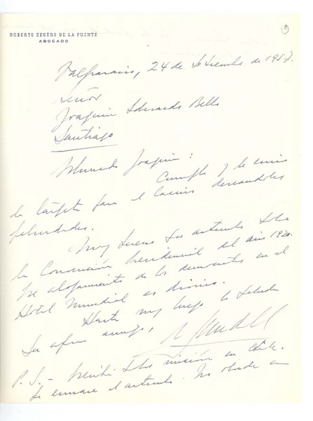 [Carta] 1957 sep. 24, Valparaíso, Chile [a] Joaquín Edwards Bello