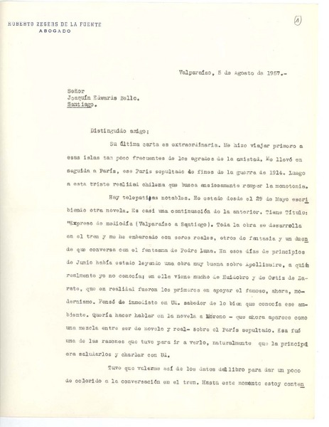 [Carta] 1957 ago. 5, Valparaíso, Chile [a] Joaquín Edwards Bello