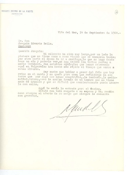[Carta] 1960 sep. 14, Viña del Mar, Chile [a] Joaquín Edwards Bello