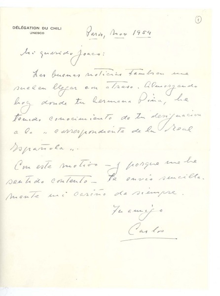 [Carta] 1954 noviembre, París, Francia [a] Joaquín Edwards Bello