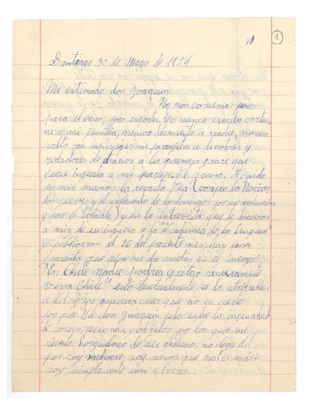 [Carta] 1954 may. 30, Santiago, Chile [a] Joaquín Edwards Bello