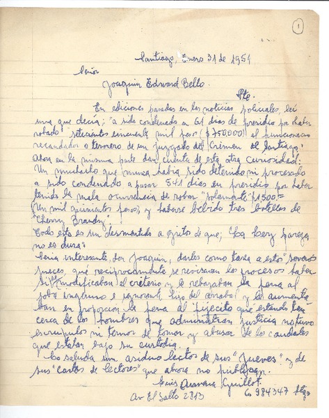 [Carta] 1951 ene. 31, Santiago, Chile [a] Joaquín Edwards Bello