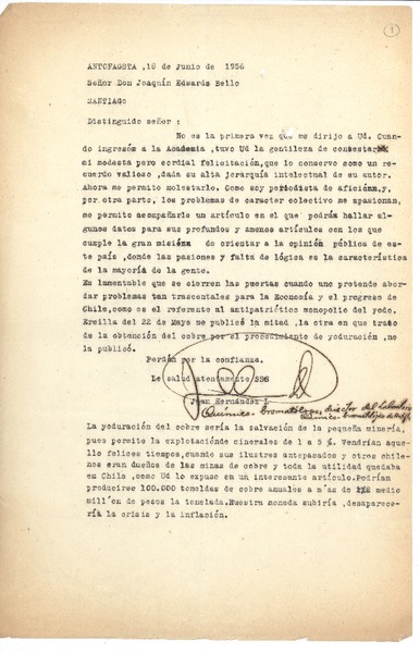 [Carta] 1956 jun. 18, Antofagasta, Chile [a] Joaquín Edwards Bello