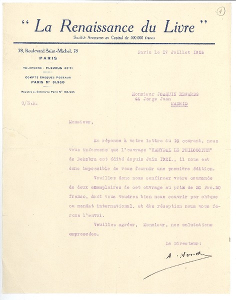 [Carta] 1926 jul. 17, París, Francia [a] Joaquín Edwards Bello, Madrid, España