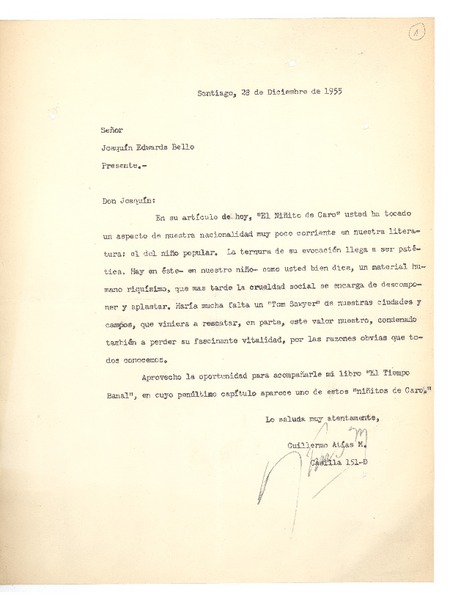 [Carta] 1955 dic. 28, Santiago, Chile [a] Joaquín Edwards Bello