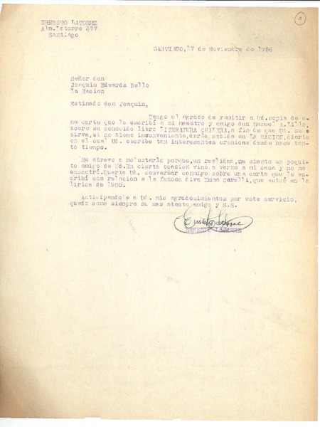 [Carta] 1956 nov. 17, Santiago, Chile [a] Joaquín Edwards Bello