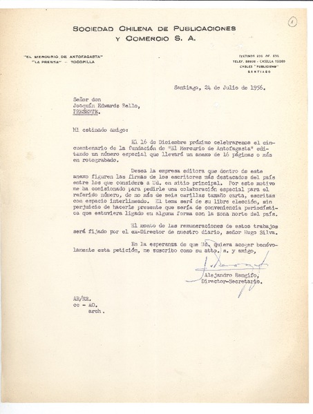 [Carta] 1956 jul. 24, Santiago, Chile [a] Joaquín Edwards Bello