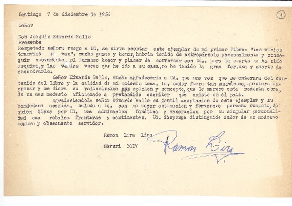 [Carta] 1956 dic. 7, Santiago, Chile [a] Joaquín Edwards Bello