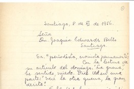 [Carta] 1956 nov. 8, Santiago, Chile [a] Joaquín Edwards Bello
