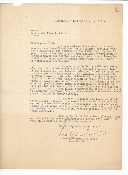 [Carta] 1951 nov. 3, Santiago, Chile [a] Joaquín Edwards Bello