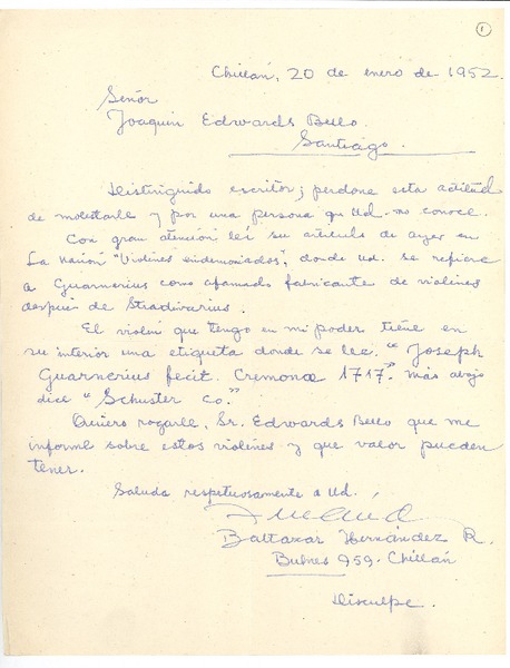 [Carta] 1952 ene. 20, Chillán, Chile [a] Joaquín Edwards Bello