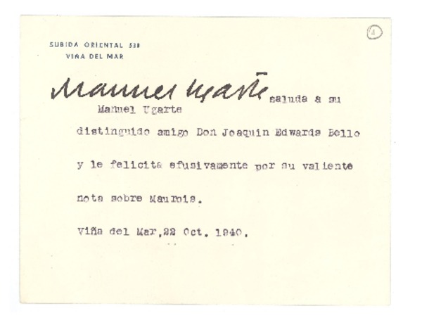 [Tarjeta] 1940 oct. 22, Viña del Mar, Chile [a] Joaquín Edwards Bello