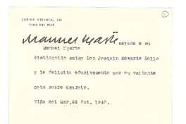 [Tarjeta] 1940 oct. 22, Viña del Mar, Chile [a] Joaquín Edwards Bello