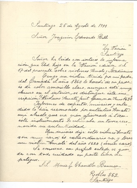 [Carta] 1949 ago. 25, Santiago, Chile [a] Joaquín Edwards Bello
