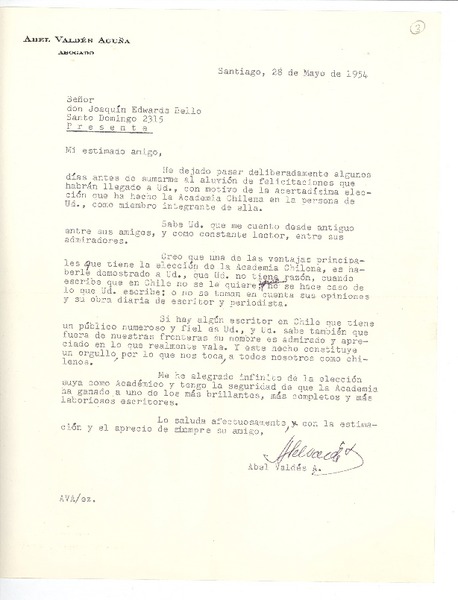 [Carta] 1954 may. 28, Santiago, Chile [a] Joaquín Edwards Bello