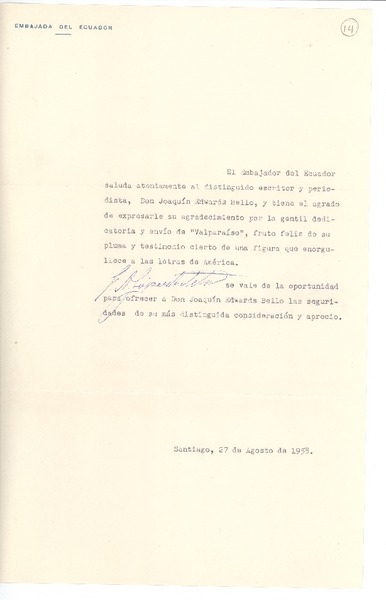 [Carta] 1958 ago. 27, Santiago, Chile [a] Joaquín Edwards Bello