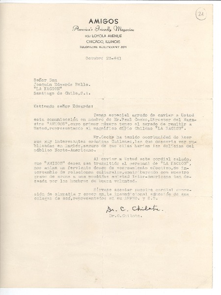[Carta] 1941 oct. 23, Chicago, Illinois [a] Joaquín Edwards Bello, Santiago, Chile