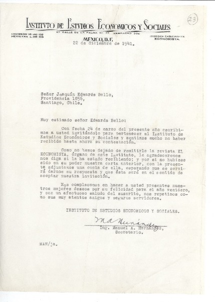 [Carta] 1941 dic 22, México D.F. [a] Joaquín Edwards Bello, Santiago, Chile