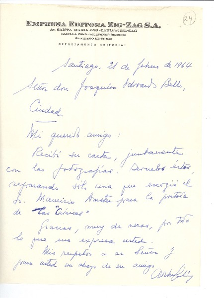 [Carta] 1964 feb. 21, Santiago, Chile [a] Joaquín Edwards Bello