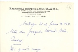 [Carta] 1964 feb. 21, Santiago, Chile [a] Joaquín Edwards Bello