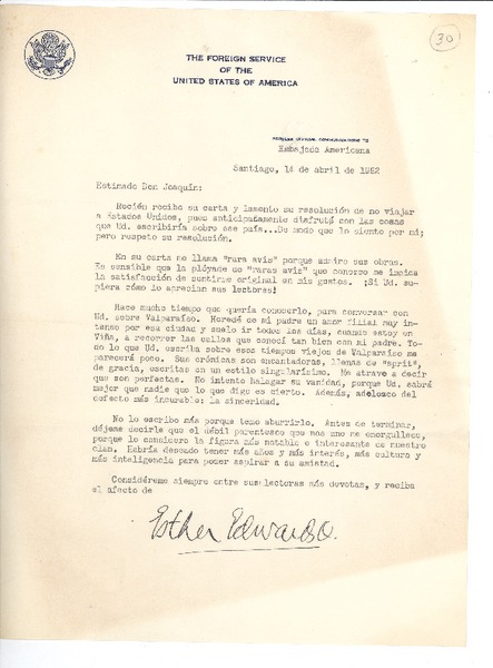 [Carta] 1952 abr. 14, Santiago, Chile [a] Joaquín Edwards Bello
