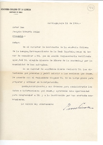 [Carta] 1954 may. 11, Santiago, Chile [a] Joaquín Edwards Bello