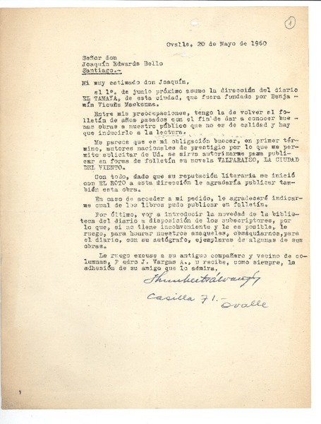 [Carta] 1960 may. 20, Ovalle, Chile [a] Joaquín Edwards Bello