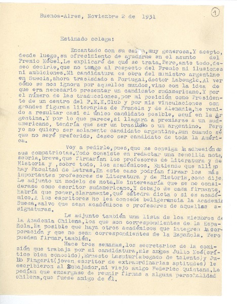 [Carta] 1931 nov. 2, Buenos Aires, Argentina [a] Joaquín Edwards Bello